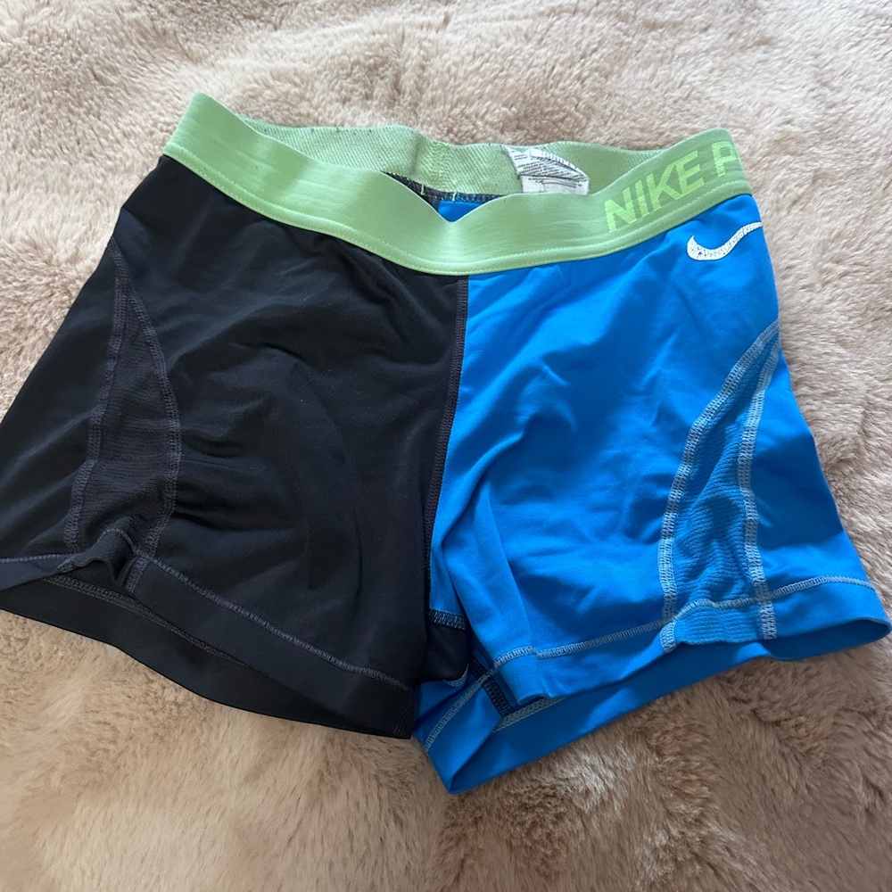 Nike Pro Black and Blue Shorts with Green Waistband S